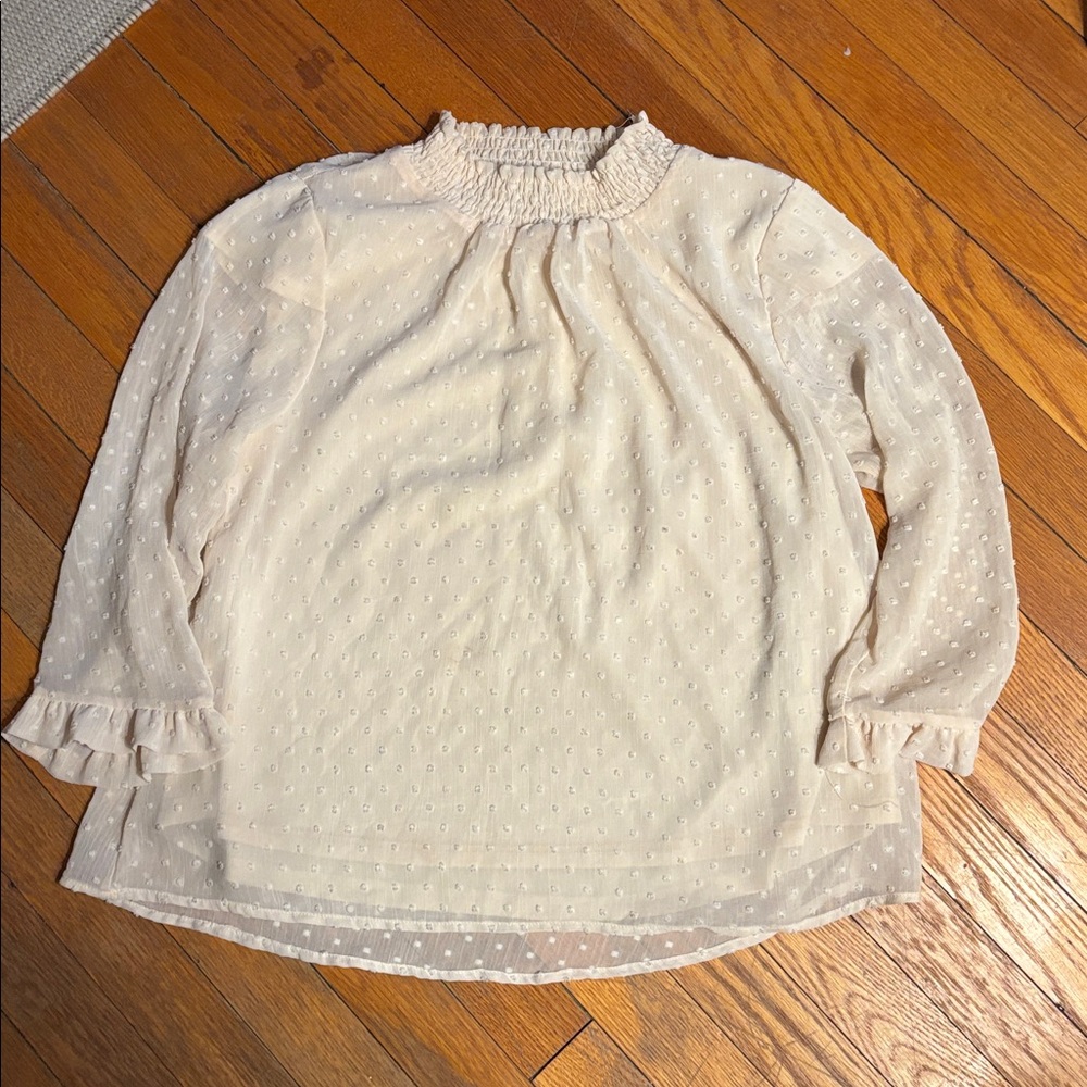 Cream Dot 3/4 Sleeve Ruffle Mock Neck Shirt
